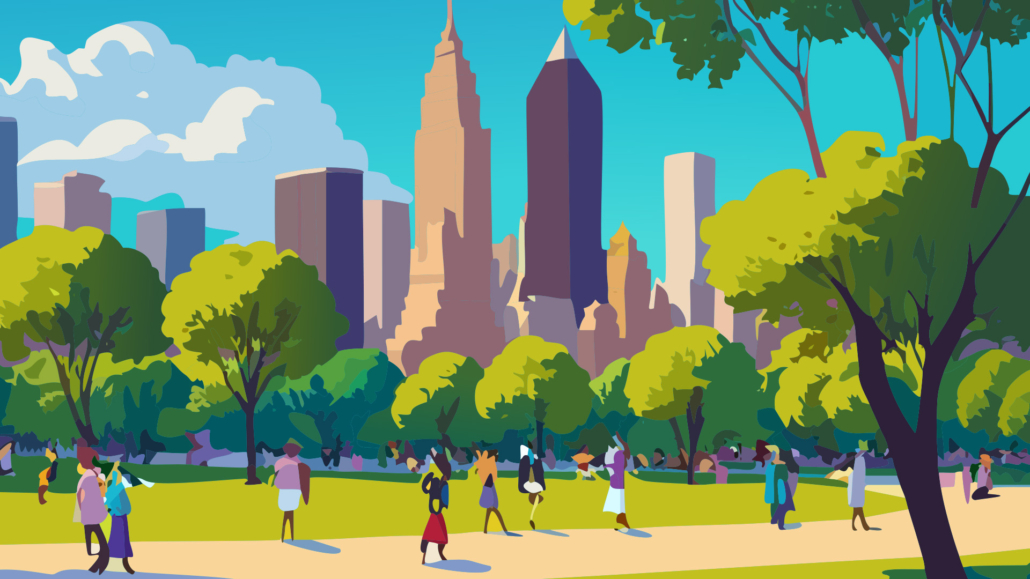 A cartoon image of a city park in summer. People are walking around the park enjoying the sunshine