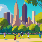 A cartoon image of a city park in summer. People are walking around the park enjoying the sunshine