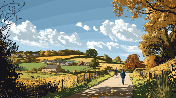 Drawing of a country scene in Autumn