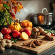 Kitchen work top with autumn friuit and veg