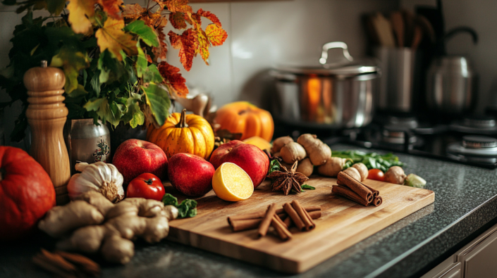 Kitchen work top with autumn friuit and veg