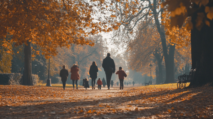 People walking in an English park in autumn